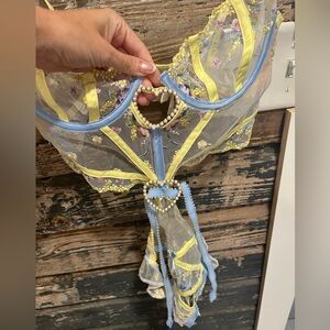 For Love And Lemons Blue and Yellow Embroidered Teddy